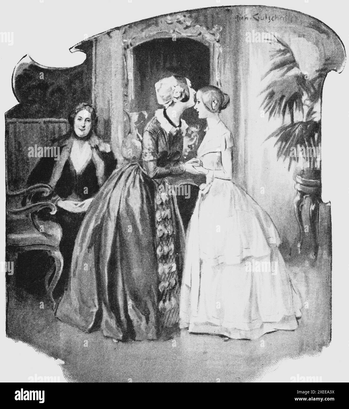 Zwei ältere Damen begrüßen einen jungen Besucher, Frauenleben und Geschlechterrolle Ende des 19. Jahrhunderts, historische Illustration 1890 Stockfoto