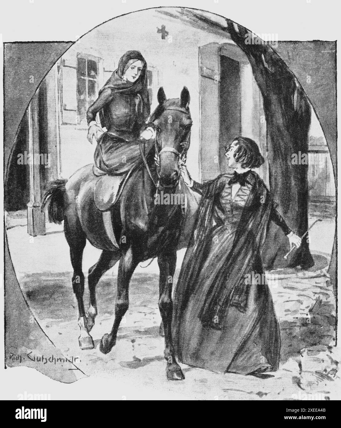 Erste Reitstunde für eine junge Dame, Frauenleben und Geschlechterrolle Ende des 19. Jahrhunderts, historische Illustration 1890 Stockfoto