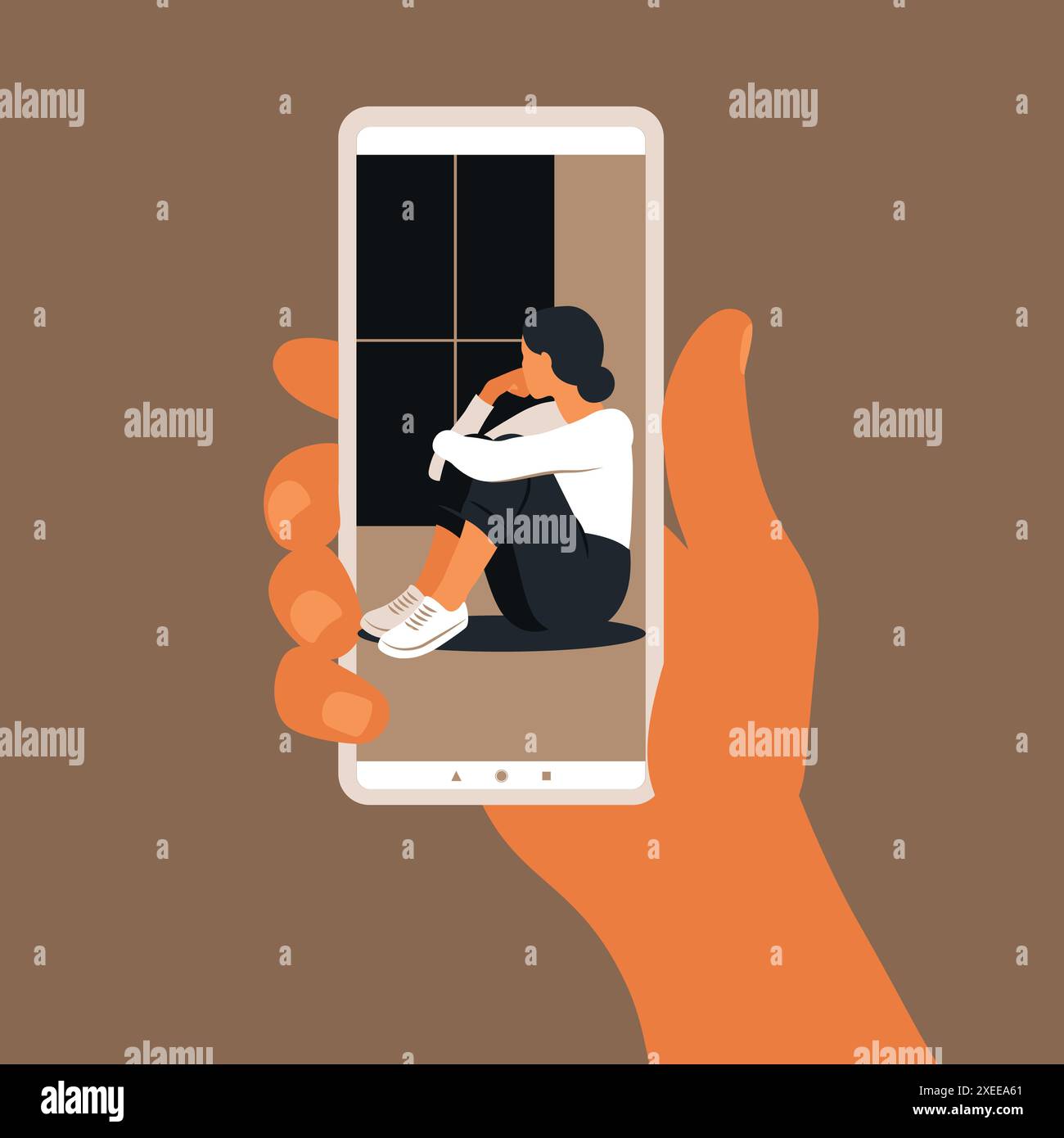 Krisenhotline. Hand hält ein Smartphone. Konzept der neuen Technologien. Psychische Gesundheit. Stock Vektor