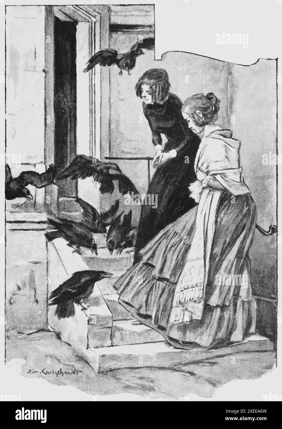 Junge Krähenfütterinnen, Frauenleben und Geschlechterrolle Ende des 19. Jahrhunderts, historische Illustration 1890 Stockfoto
