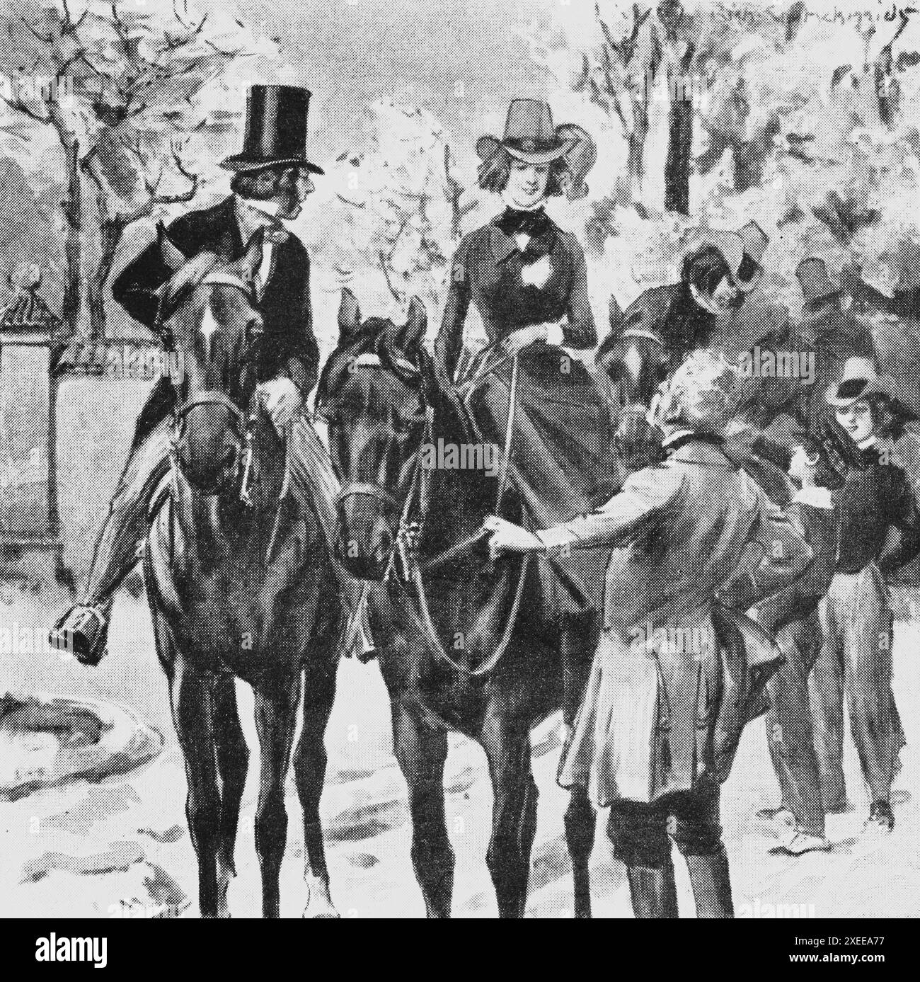 Junger Lagy, der Reitunterricht nimmt und von Senioren, Familienleben und Geschlechterrolle am Ende des 19. Jahrhunderts ergänzt wird, historische Illustration 1890 Stockfoto