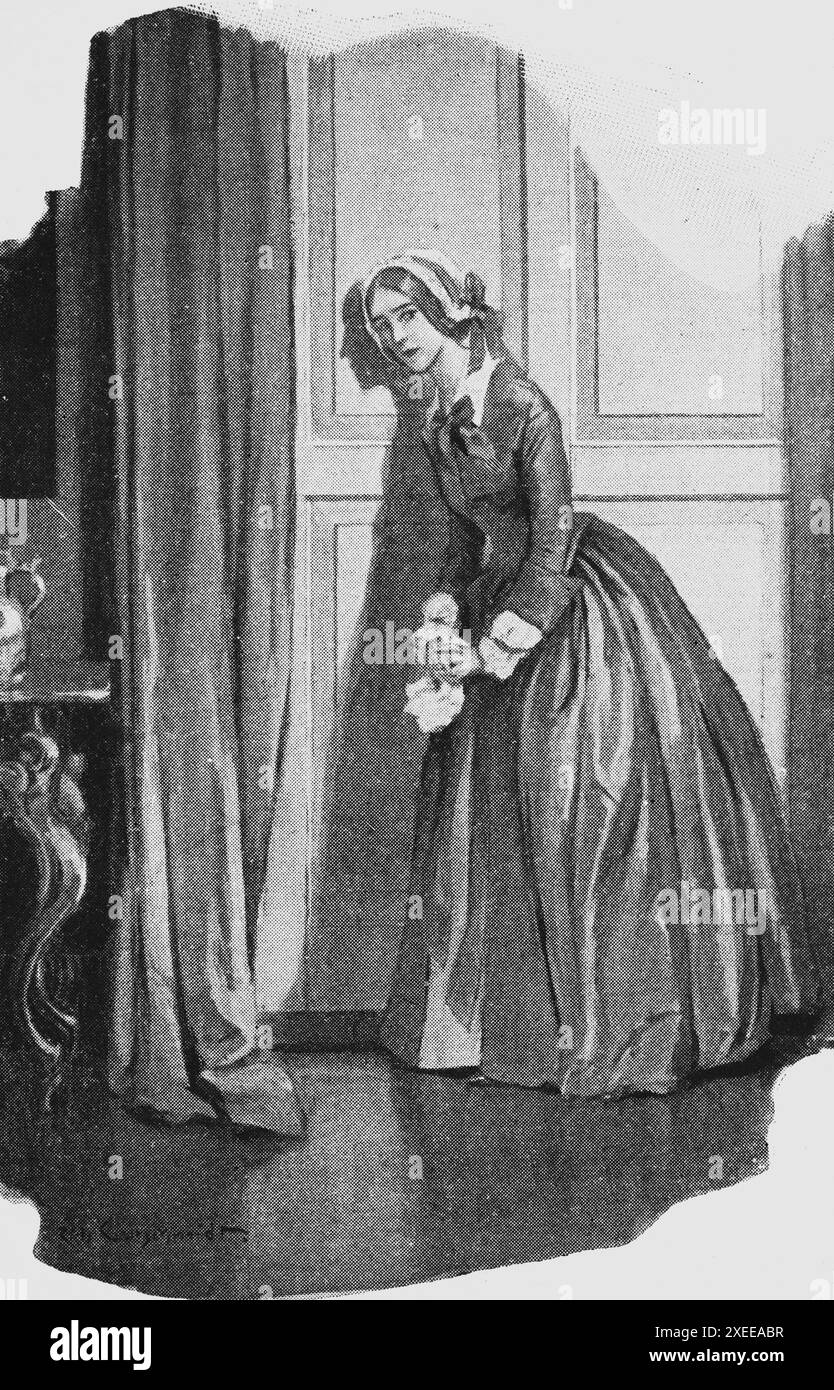 Junge Frau, die an der Tür lauscht, lauscht, geheim, heimlich, Listfamilienleben und Geschlechterrolle Ende des 19. Jahrhunderts, historische Illustration 1890 Stockfoto