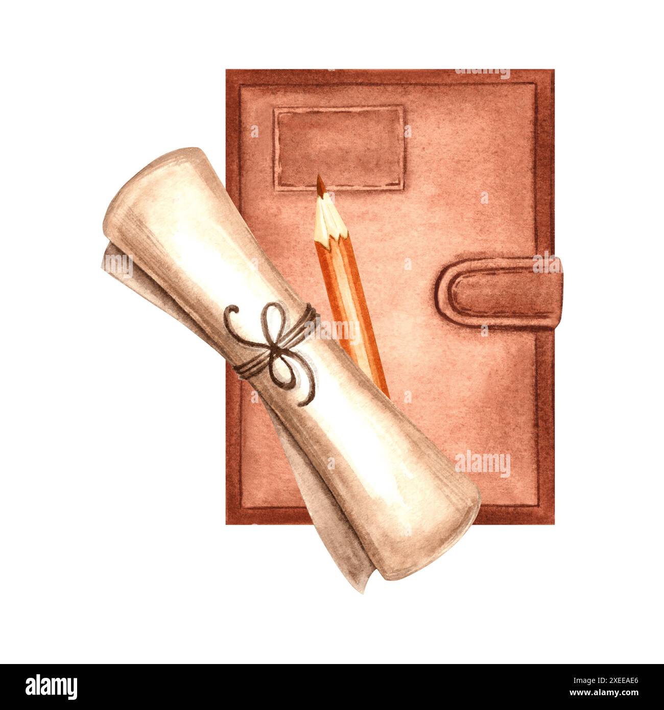 Notizbuch mit Bleistift und Papyrusrolle. Komposition mit altem Pergamentblatt und Tagebuch zum Schreiben. Handgezeichnete Aquarellillustration isoliert Stockfoto
