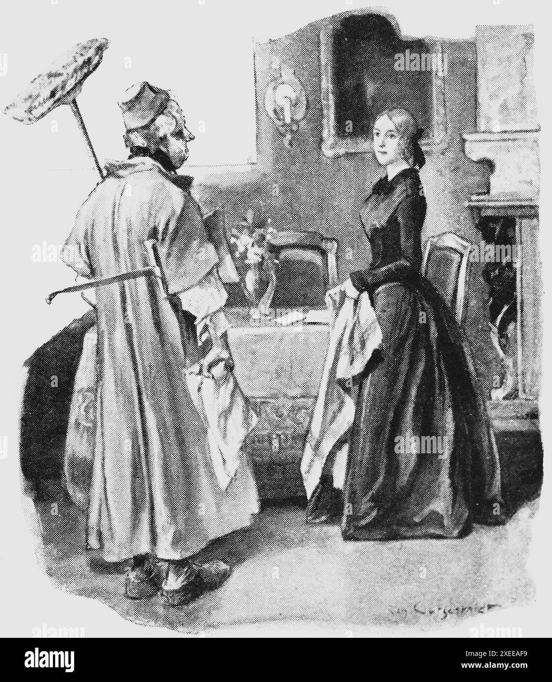 Fragen eines Dieners nach seiner Arbeit im Haushalt, Familienleben und Geschlechterrolle Ende des 19. Jahrhunderts, historische Illustration 1905 Stockfoto