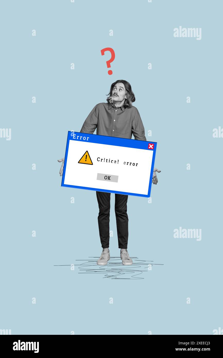 Composite-Trend-Grafik Skizzenbild Fotocollage von verwirrten traurigen Mann Stand Banner kritische Fehler Software-Spezialisten Hacking-Daten Stockfoto