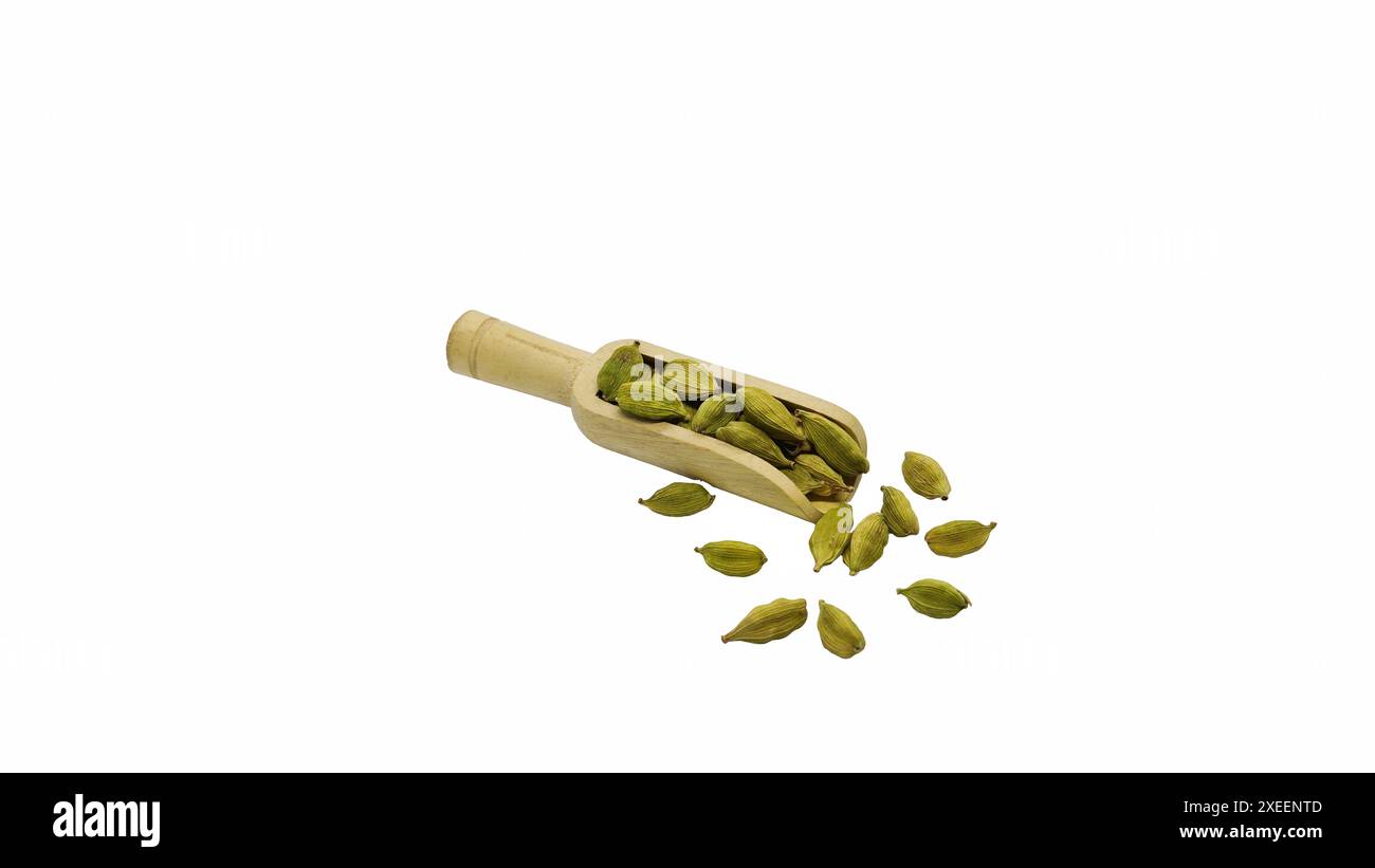 Haufen grüner Cardamom, Elaichi oder getrocknete Früchte von Elettaria cardamomum. Weißer Hintergrund des Beschneidungspfades. Stockfoto