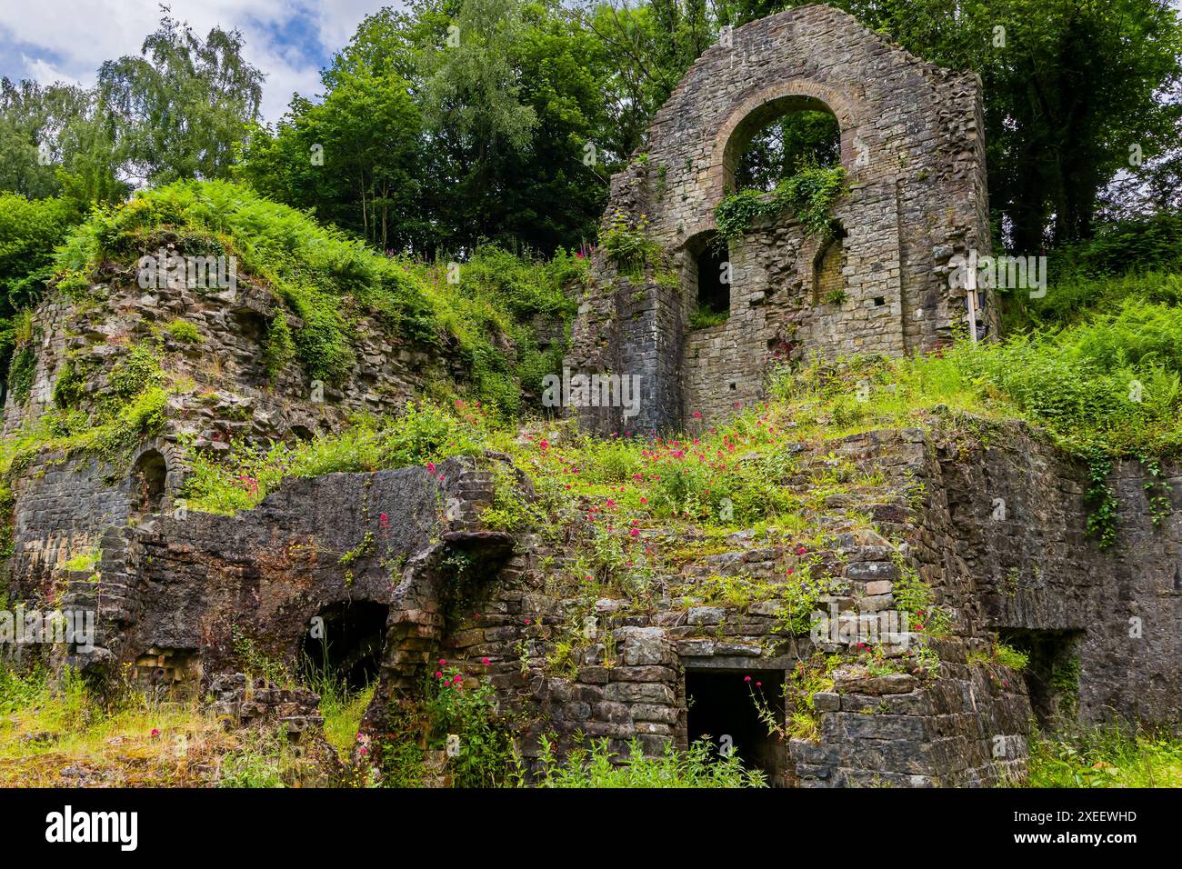 Verwachsene Ruinen der 1790er Jahre errichteten in Clydach, Südwales, Großbritannien, ein Eisenwerk Stockfoto