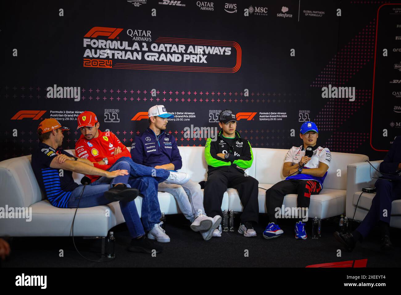 Pressekonferenz: Max Verstappen, Charles Leclerc, Yuki Tsunoda, Guanyu Zhou, während des österreichischen GP, Spielberg 27-30. Juni 2024, Formel-1-Weltmeisterschaft 2024. Stockfoto