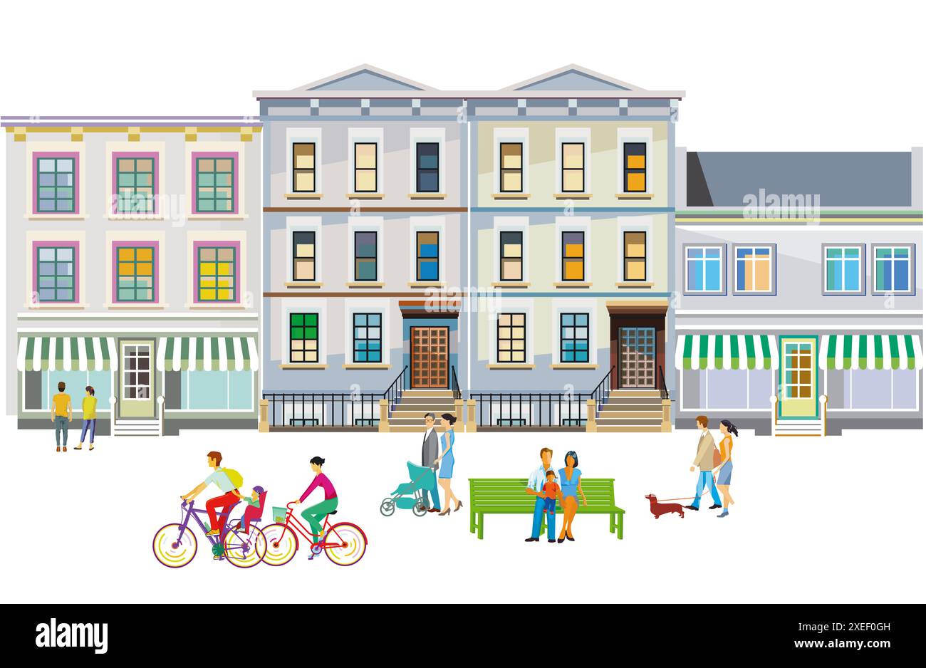 Stadtsilhouette mit Gruppen von Personen, die Freizeit in einem Wohnviertel haben, Illustration Stockfoto