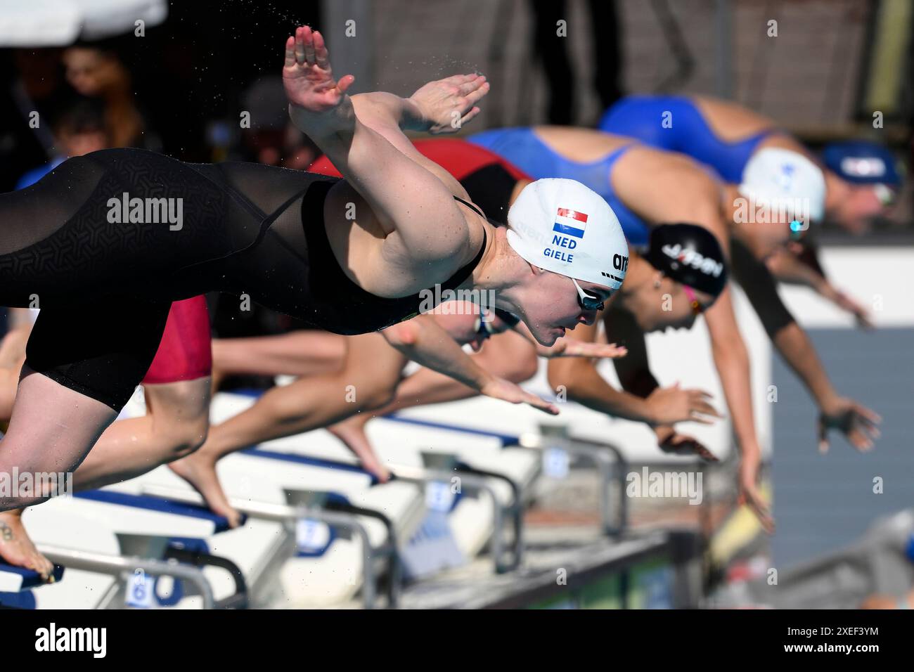 Tessa Giele aus den Niederlanden nimmt an den 100 m langen Butterfly Women Heats während des 60. Settecolli Schwimmens im stadio del Nuoto in Rom (Italien) am 22. Juni 2024 Teil. Stockfoto