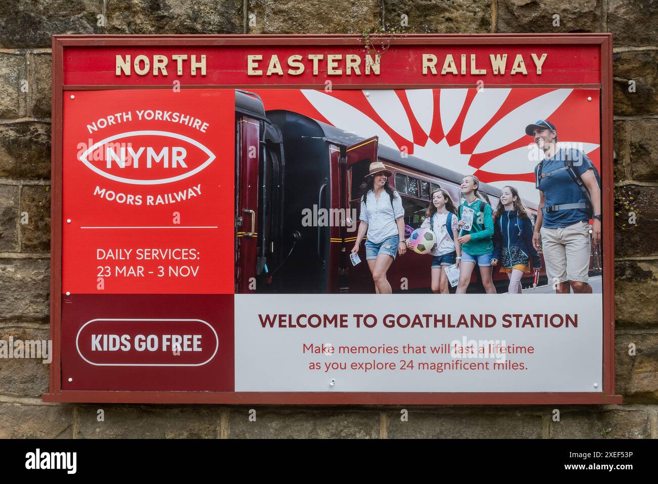 Schild der North Eastern Railway an der Goathland Station an der North Yorkshire Moors Railway (NYMR), North Yorkshire, England, Großbritannien Stockfoto