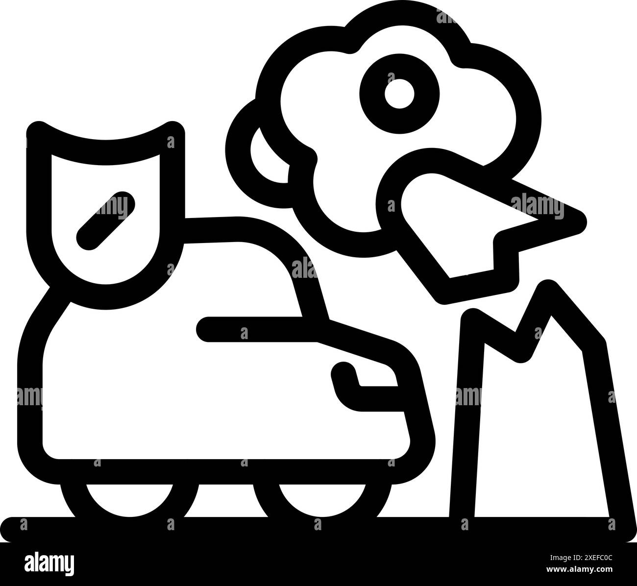 Liniensymbol eines gepanzerten Autos mit Schild, das einem Raketenangriff in einem Berggebiet widersteht Stock Vektor