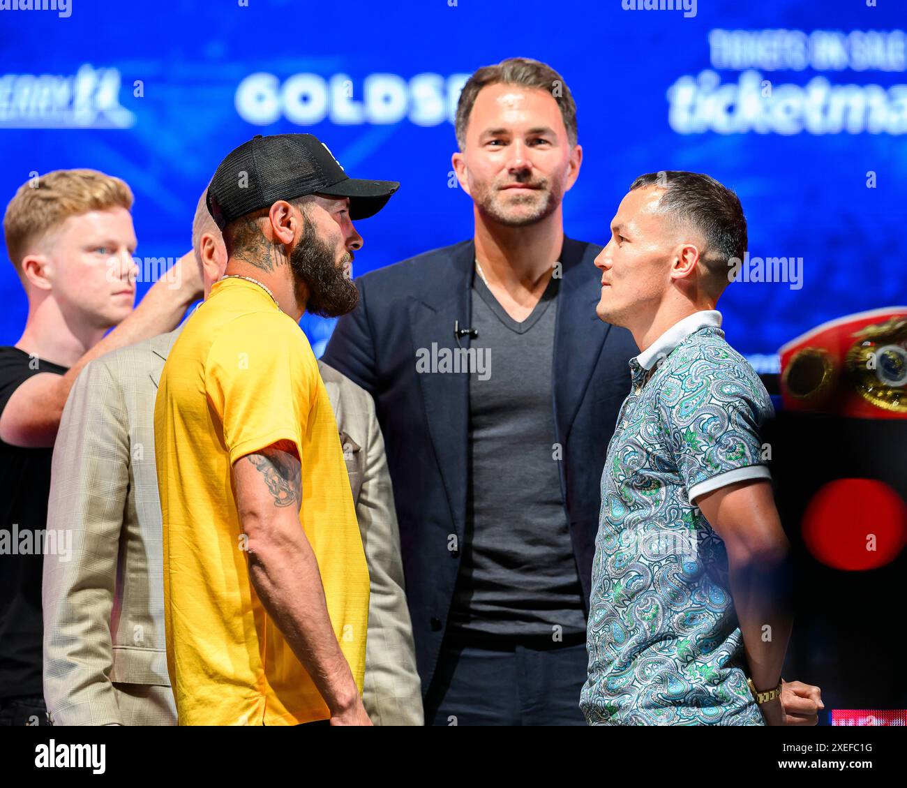 LONDON, VEREINIGTES KÖNIGREICH. Juni 2024. Anthony Cacace (links) und Josh Warrington (rechts) treten am Mittwoch, 26. Juni 2024, in LONDON auf der Queensberry, Matchroom and Riyadh Season Press Conference in der OVO Arena, Wembley, gegenüber. ENGLAND. Quelle: Taka G Wu/Alamy Live News Stockfoto