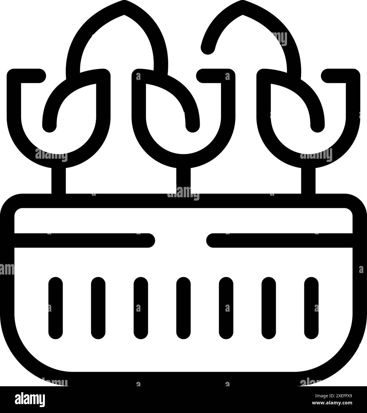 Line Art Icon mit drei Pflanzen, die aus einem hydroponischen Tablett wachsen, perfekt für Landwirtschafts- und Gartenprojekte Stock Vektor