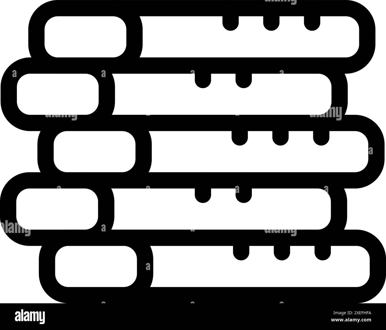 Schwarz-weiße Strichgrafik von Baumstämmen, die gestapelt und für das Messen und Schneiden von Brennholz bereit sind Stock Vektor