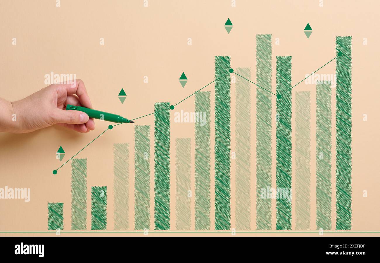 Diagramm mit Wachstumsindikatoren und einer weiblichen Hand mit einem Marker auf beigefarbenem Hintergrund. Das Konzept des erfolgreichen Verkaufs im Geschäft Stockfoto