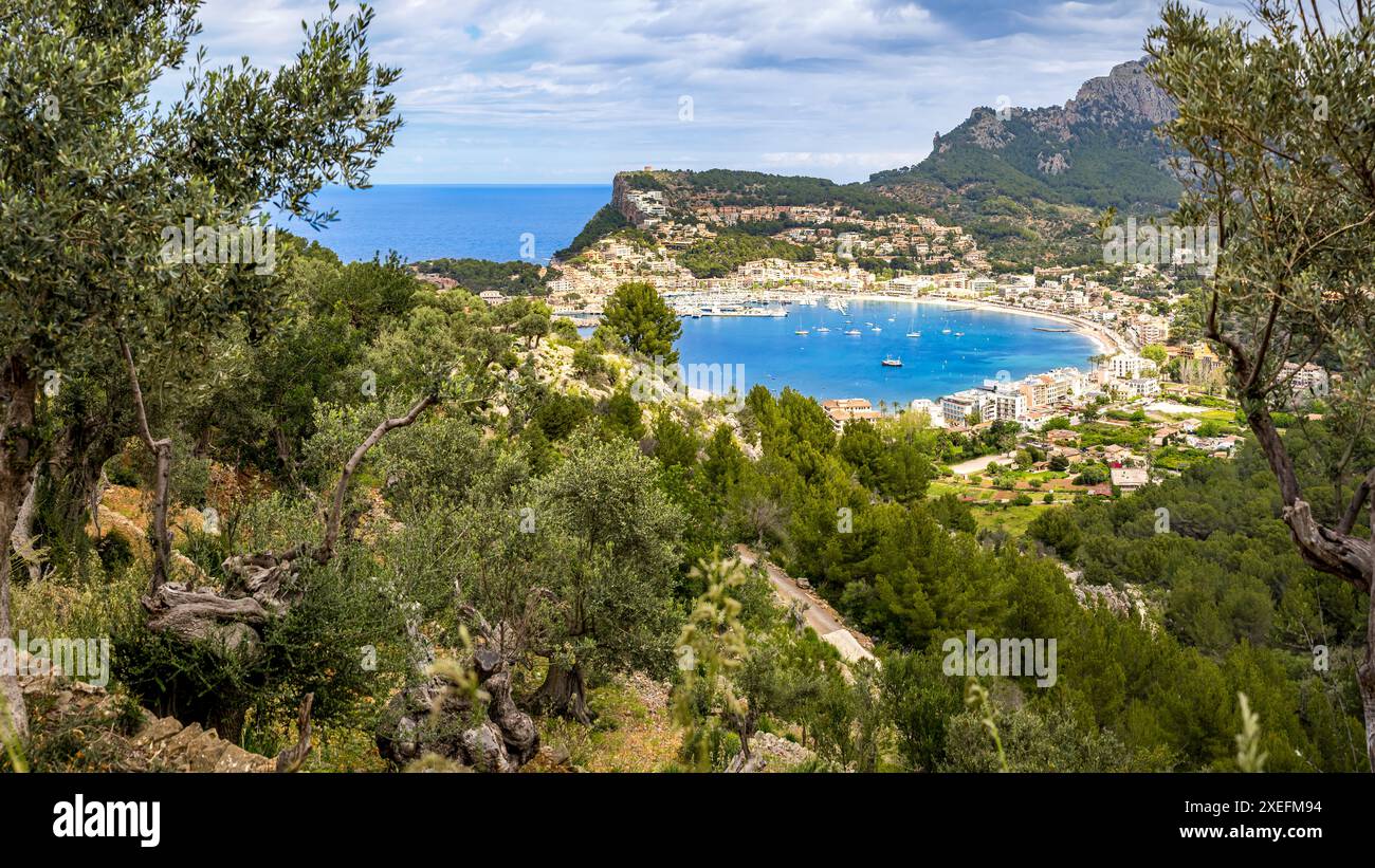 panoramablick durch Olivenbäume mit Blick auf die Bucht von Port de Sóller vom Wanderweg GR-221 mit Bergkulisse von Puig de Bàlitx an einem bewölkten Tag. Stockfoto