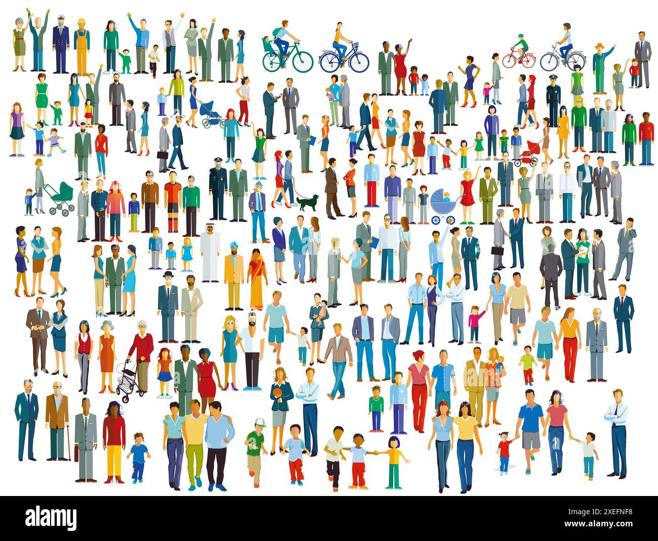 Eine sehr große Gruppe von Menschen mit Eltern mit Kindern, isolierte Illustration Stockfoto