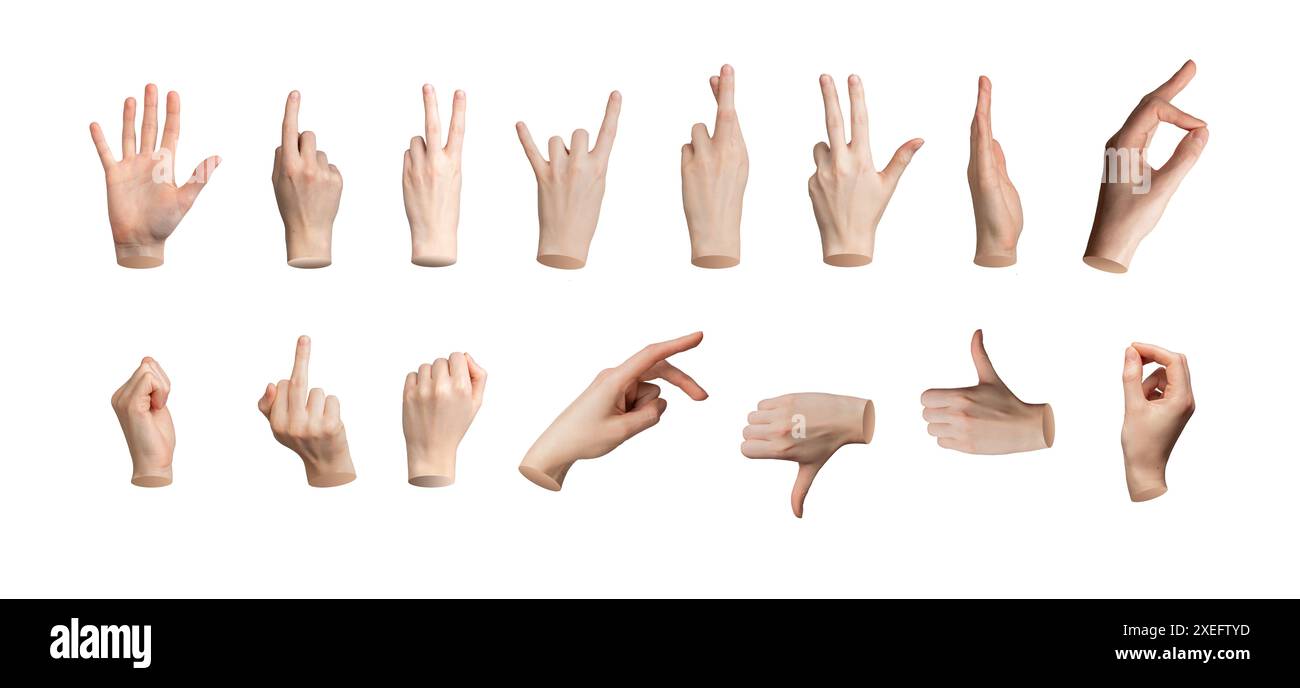 Handgestenset, verschiedene Zeichen. Isolierter weißer Arm, Finger, Faust, OK, Daumen hoch und runter, Sieg, Hörner, Quetschen. Grundlegende 3D-Symbole. Frieden, Zeigen, c Stockfoto