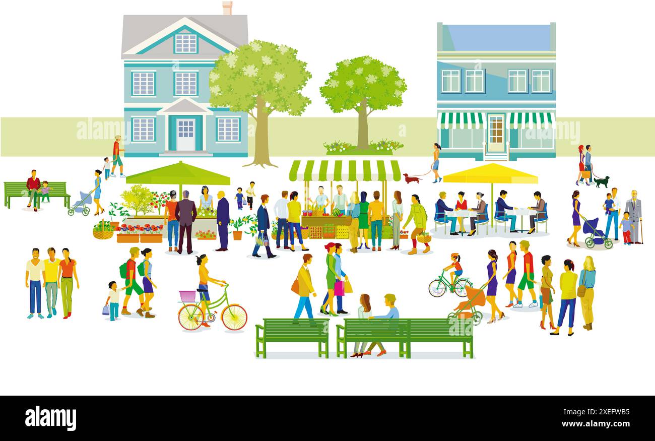 Stadtsilhouette mit Gruppen von Personen, die Freizeit in einem Wohnviertel haben, Illustration Stockfoto