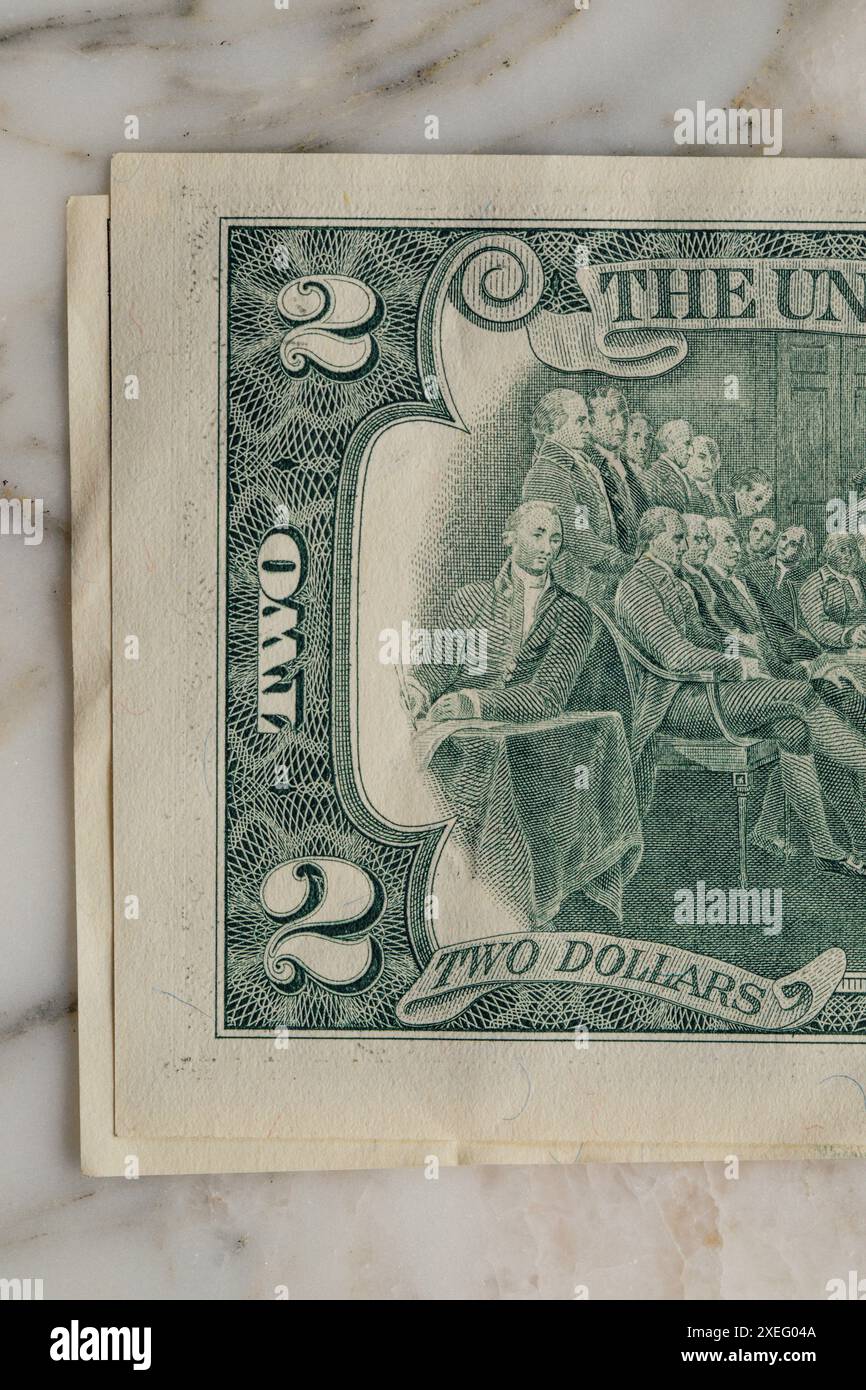 Nahaufnahme der Rückseite des amerikanischen 2-Dollar-Scheins Stockfoto