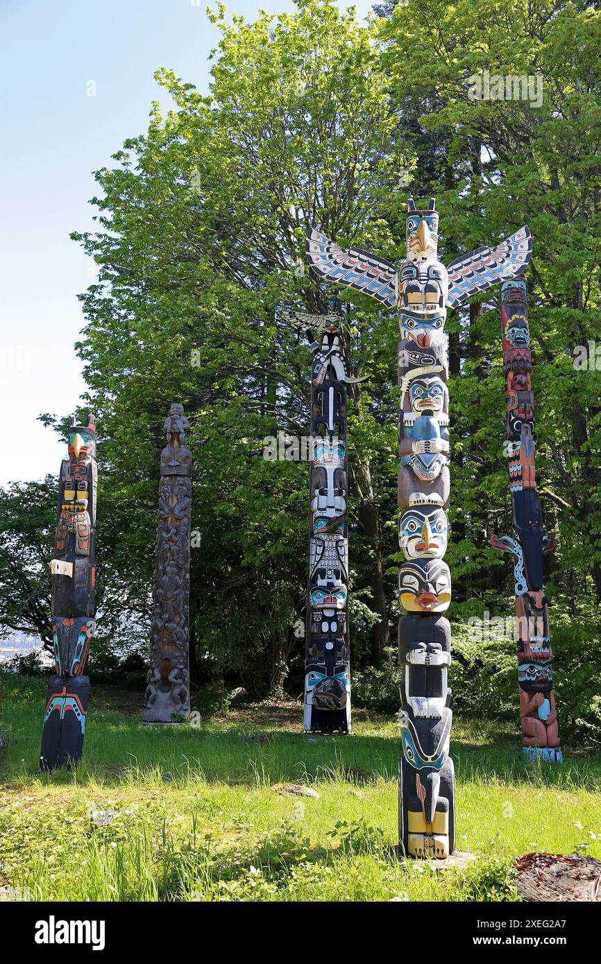 Kakaso'las (vorne) und andere Totempfähle (siehe zusätzliche Informationen), Brockton Point, Stanley Park, Vancouver, British Columbia, Kanada, Nordamerika Stockfoto