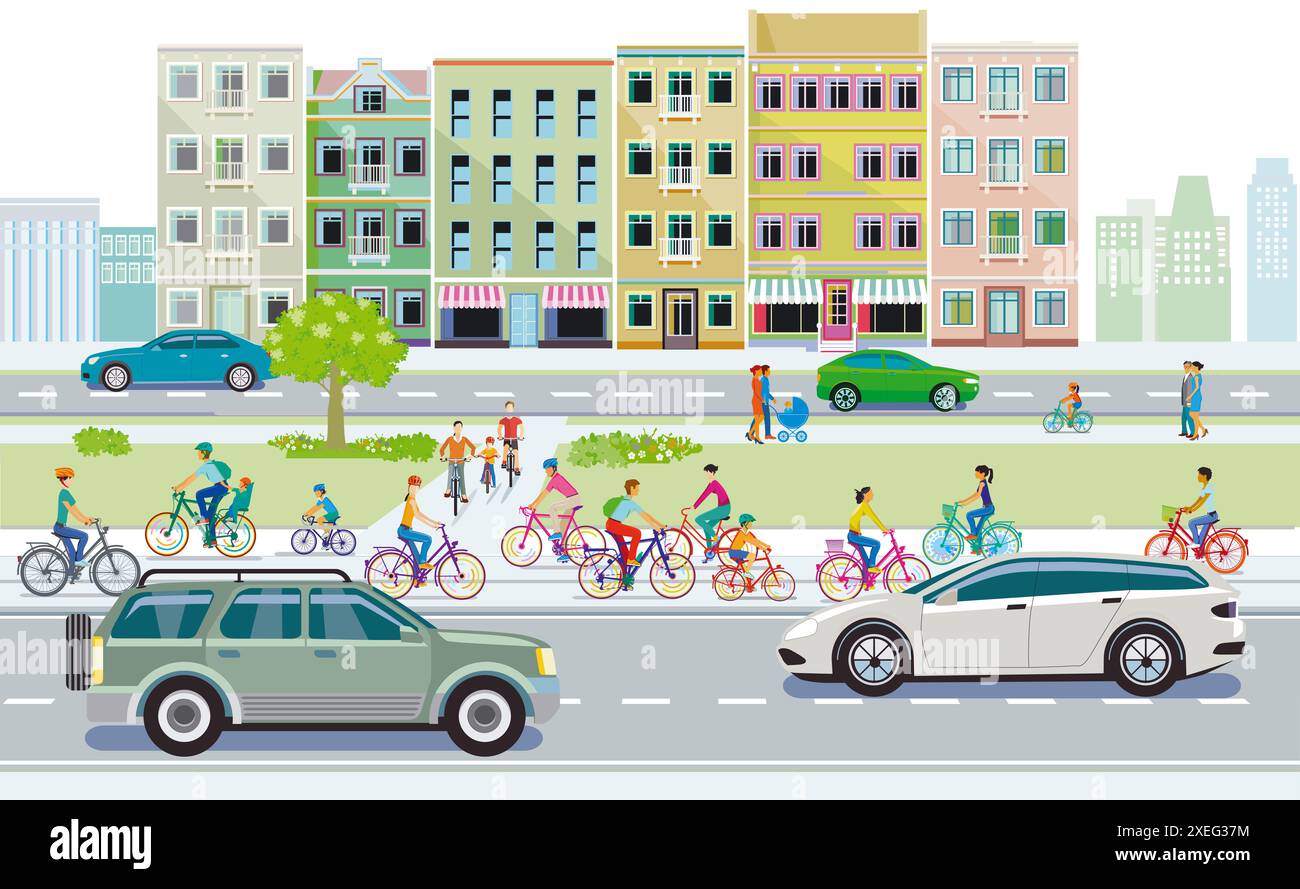 Eine Gruppe von Radfahrern mit Autoverkehr in der Stadtdarstellung Stockfoto