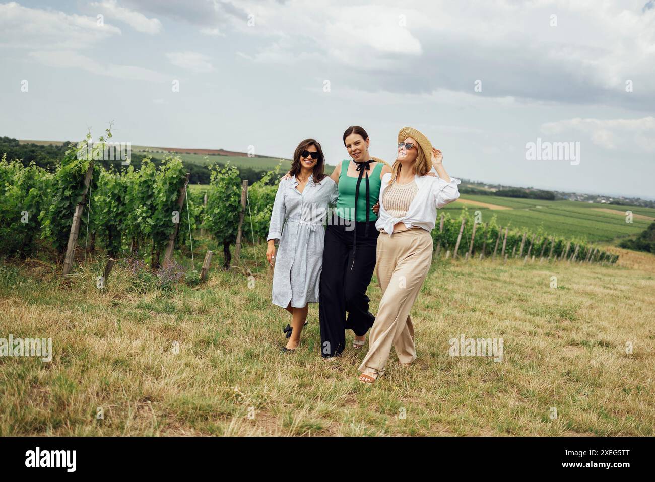 Drei junge Frauen umarmen sich und gehen auf dem Weinberg. Stockfoto