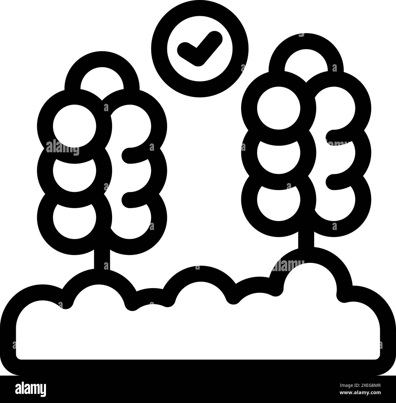 Einfaches lineares Symbol für Sorghumfeld, das unter der Sonne wächst, mit Häkchen für eine erfolgreiche Kultivierung Stock Vektor