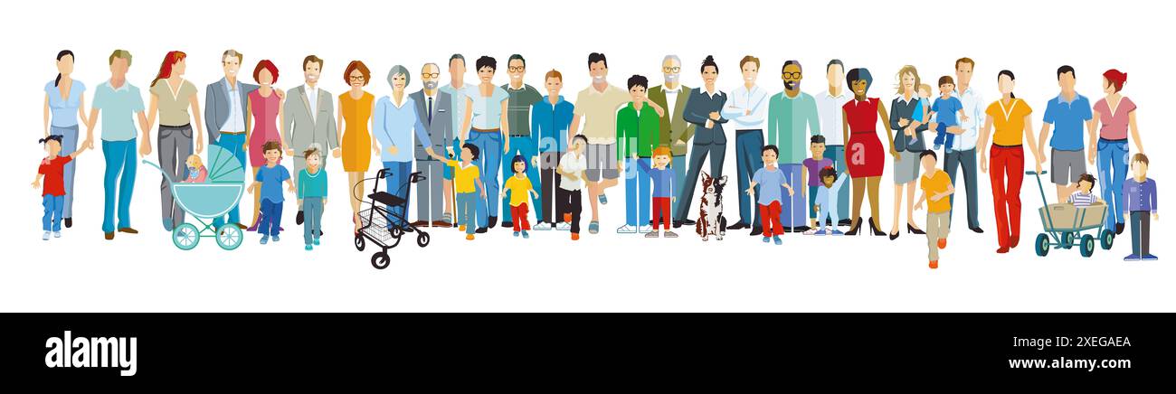 Eine sehr große Gruppe von Menschen mit Eltern mit Kindern, isolierte Illustration Stockfoto
