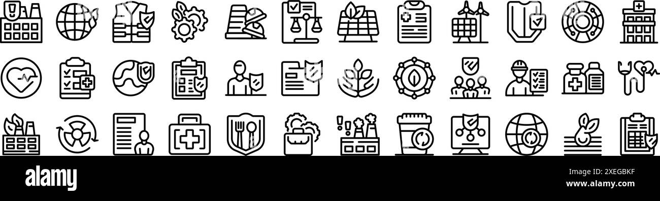 HSE-Symbole eingestellt. Ingenieure, Ärzte und Unternehmer arbeiten gemeinsam für eine nachhaltige Zukunft und globale Entwicklung Stock Vektor