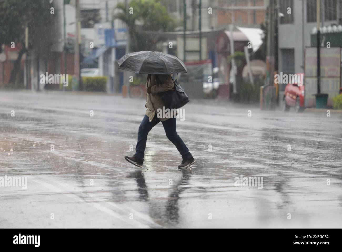 Mexiko-Stadt, Mexiko. Juni 2024. Eine Frau bedeckt sich mit einem Regenschirm vor den starken Regenfällen auf der Calzada Ermita südlich der Stadt, die durch die Tropenwelle Nummer 5 in Mexiko heimgesucht wurde. Aufgrund der starken Überschwemmungen, die mehrere Stadtteile in der Stadt erlitten haben, wurde der orange Alarm aktiviert. Am 27. Juni 2024 in Mexiko-Stadt. (Foto: Ian Robles/ Credit: Eyepix Group/Alamy Live News Stockfoto