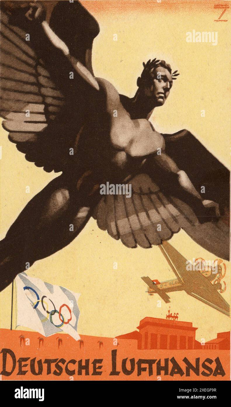 Eine alte Postkarte für die Lufthanse und die Olympischen Spiele 1936. Diese Olympischen (und die Sommerspiele) wurden von und in Nazi-Deutschland organisiert und inszeniert und waren somit ein enormer Auftrieb für das Nazi-ideal. Alle Verfolgungen und ihre Spuren wurden aufgelöst und Besucher sahen ein blühendes und anständig glückliches Land. Stockfoto