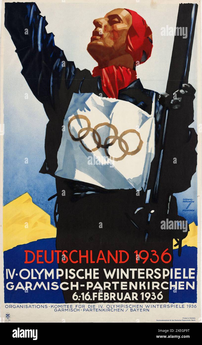Ein Vintage-Poster für die Olympischen Winterspiele 1936. Diese Olympischen (und die Sommerspiele) wurden von und in Nazi-Deutschland organisiert und inszeniert und waren somit ein enormer Auftrieb für das Nazi-ideal. Alle Verfolgungen und ihre Spuren wurden aufgelöst und Besucher sahen ein blühendes und anständig glückliches Land. Stockfoto