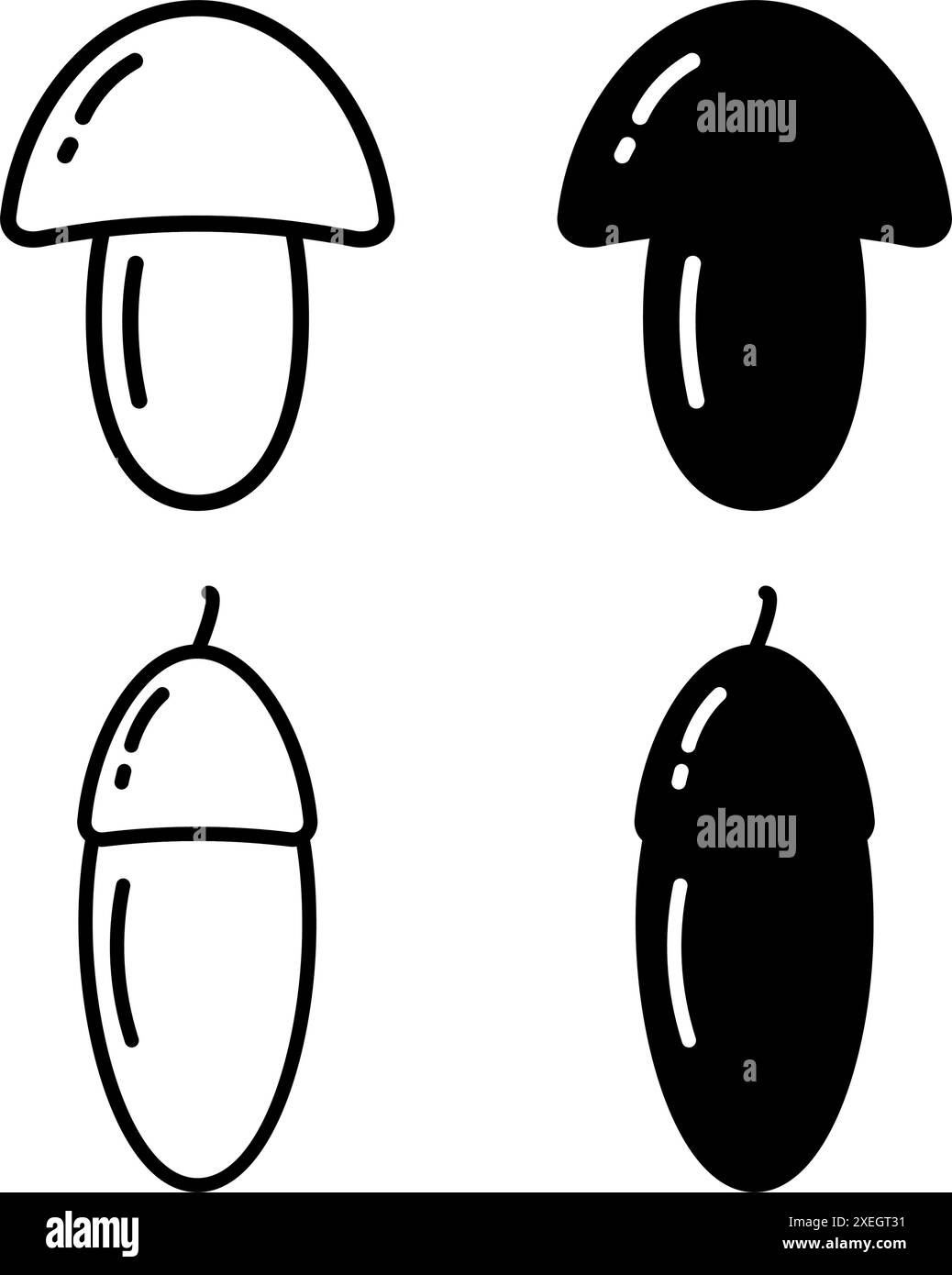 Kontur und Silhouette Pilz und Acorn. Waldherbstgemüse im minimalistischen Stil. Logo-Idee. 4er-Set. Isolieren Sie den EPS-Vektor. Symbol, Karten, Poster, Banner, Broschüre, promotion, Preis, Etikettenkonzept Stock Vektor