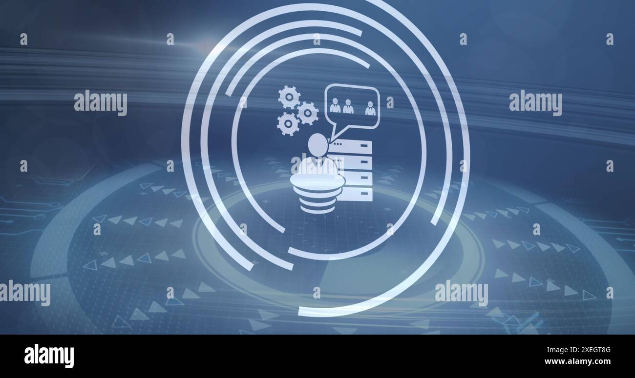 Bild eines digitalen Symbols über rundem Scanner und Lichtfleck vor blauem Hintergrund Stockfoto