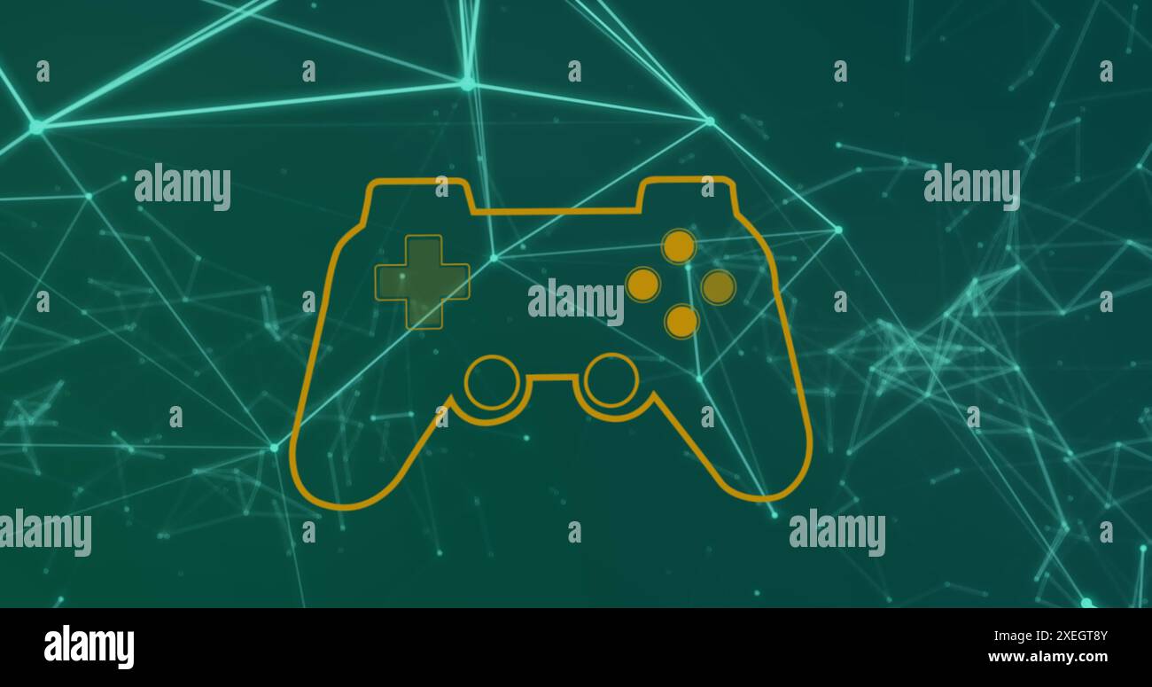 Bild des Gamecontrollers über verbundenen Punkten, die eine geometrische Form vor blauem Hintergrund bilden Stockfoto