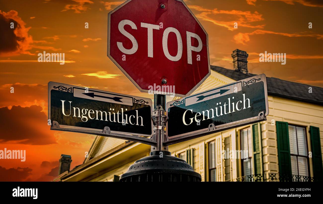 Wegweiser, die den direkten Weg zu gemütlichem und unbequemem machen Stockfoto