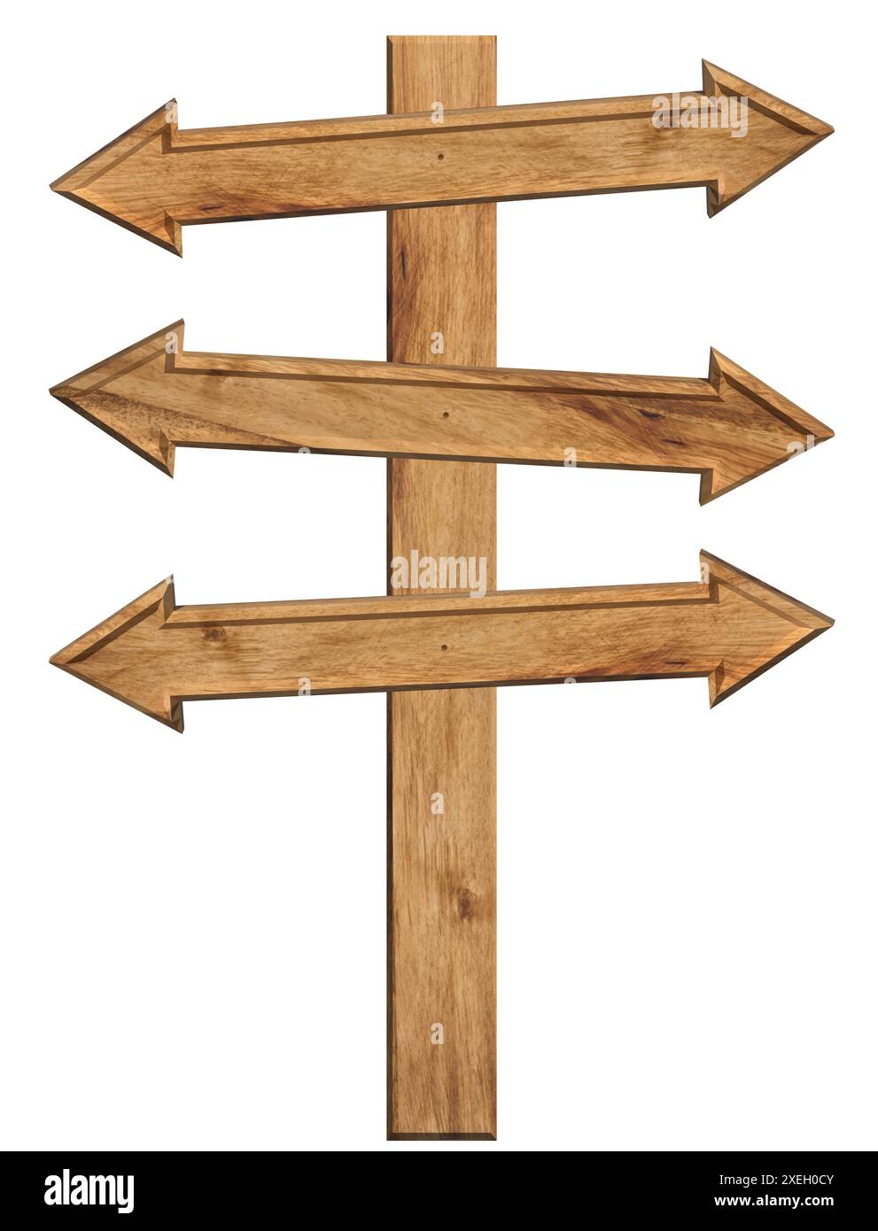 Holzbretter, die in Form von Pfeilen an einem Pfosten zusammengenagelt sind, ein Richtungsanzeiger Stockfoto