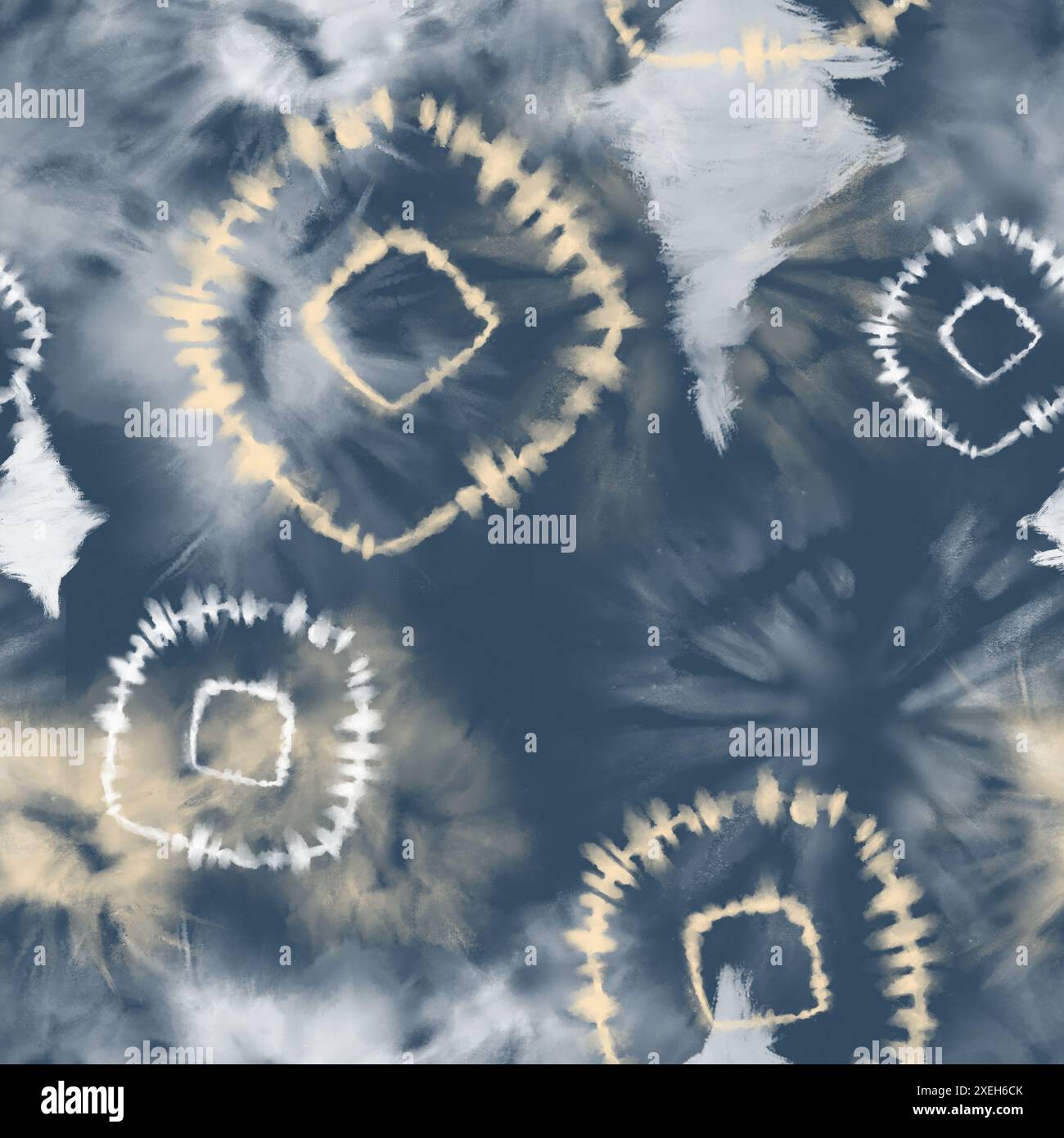 Abstrakte, wolkige weiße und orange Farbe Tie-Dye Shibori Stil nahtloses Muster auf Denim Blau für Textildrucke, Kleidungsdekorationen, Stoff, Kleidung, Stockfoto