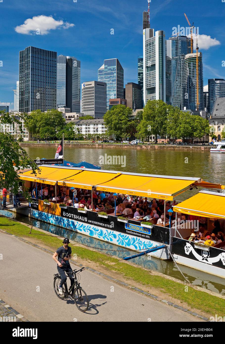 Blick auf die Stadt mit Frau Rauscher Bootshaus am Main, Main Promenade, Frankfurt am Main, Deutschland Europa Stockfoto