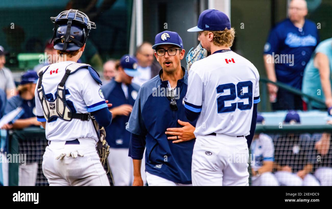 Edmonton, Kanada. Juni 2024. Edmonton River Hawk Pitching Coach Jamie Wilson (C) spricht mit Daniel Orfaly (R) und Russell Young (L), nachdem Orfaly beim ersten Inning des Spiels gegen die Edmonton River Hawks aus der West Coast League im Remax Field in Schwierigkeiten geraten ist. Edmonton River Hawks 4:8 Bellingham Bells (Foto: Ron Palmer/SOPA Images/SIPA USA) Credit: SIPA USA/Alamy Live News Stockfoto