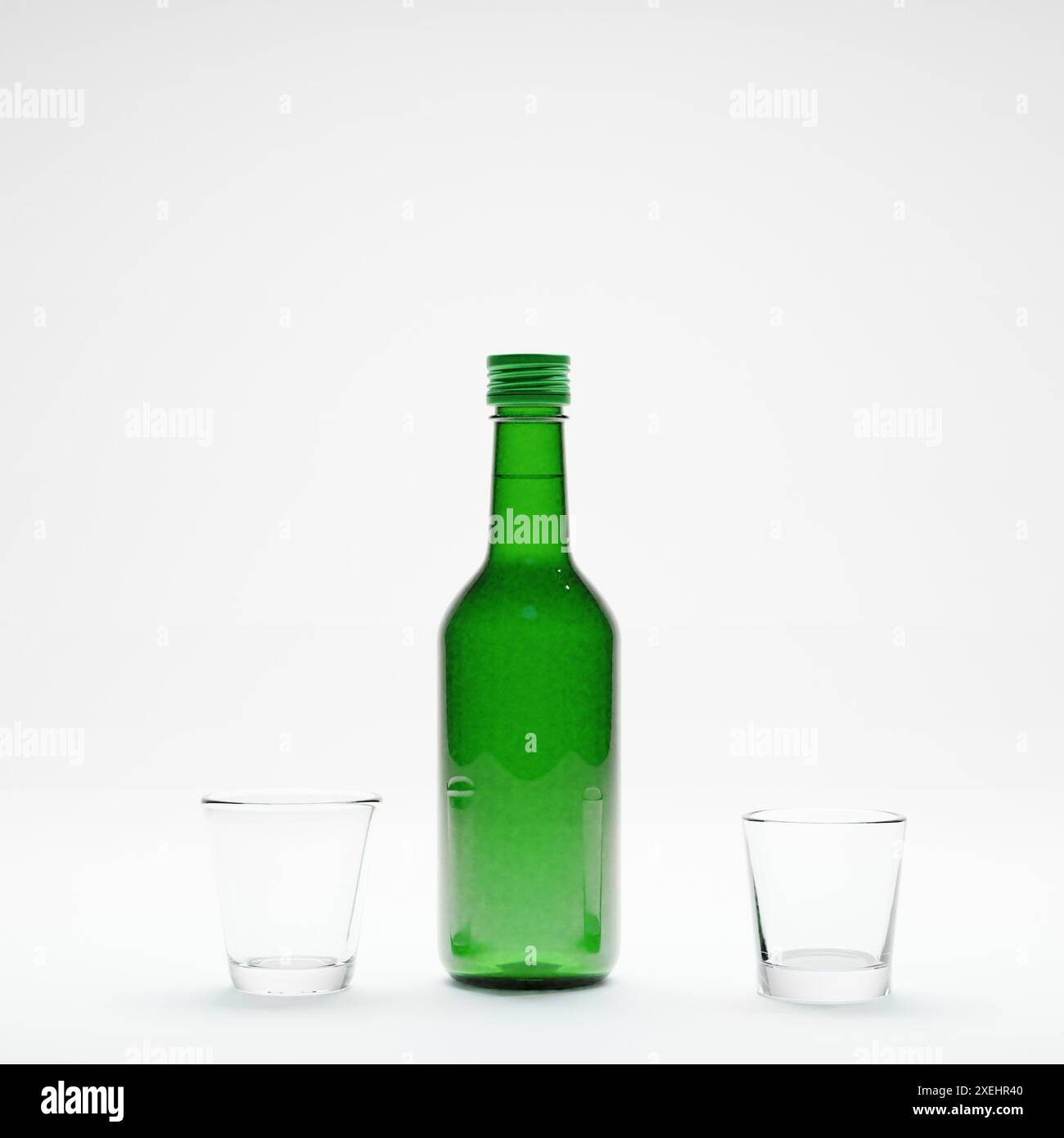 3D-Rendering des isolierten Studios koreanische Soju Flasche Alkohol Getränk und Glas für Trinken oder Trinken Konzept Stockfoto