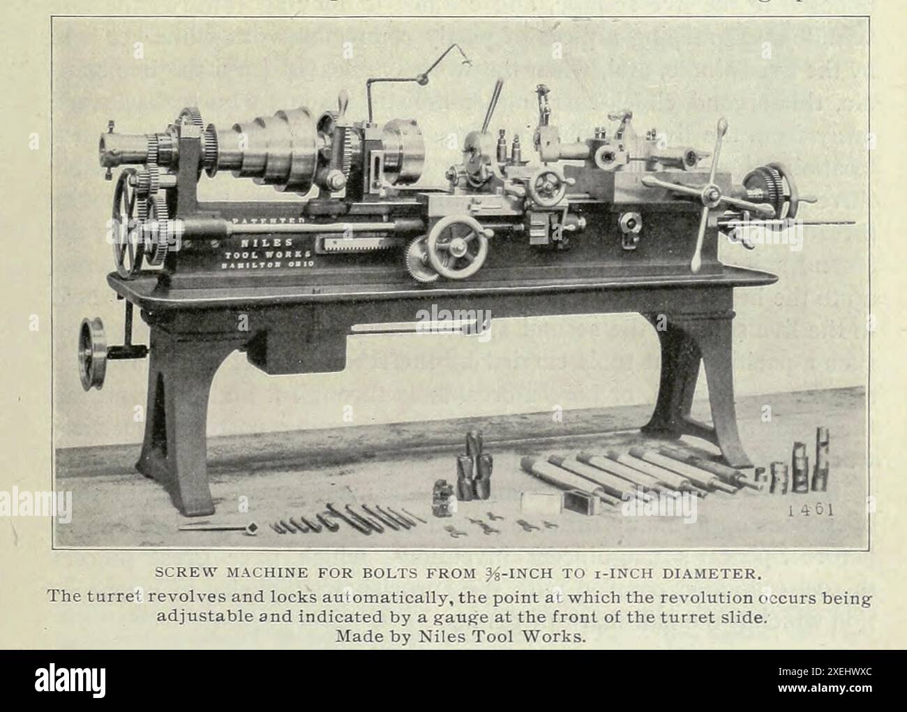 SCHRAUBENMASCHINE FÜR SCHRAUBEN VON 3/8 ZOLL BIS 1 ZOLL DURCHMESSER. Der Revolver dreht und verriegelt sich automatisch. Der Punkt, an dem die Umdrehung stattfindet, ist einstellbar und wird durch eine Anzeige an der Vorderseite des Schiebers angezeigt. Hergestellt von Niles Tool Works. Aus dem Artikel DIE REVOLUTION IN DER WERKSTATTPRAXIS. Von Henry Roland. TEIL II DIE ENTWICKLUNG DER AUTOMATISCHEN SCHRAUBENMASCHINE. Aus dem Engineering Magazine widmet sich Industrial Progress Band XVIII 1899-1900 The Engineering Magazine Co Stockfoto