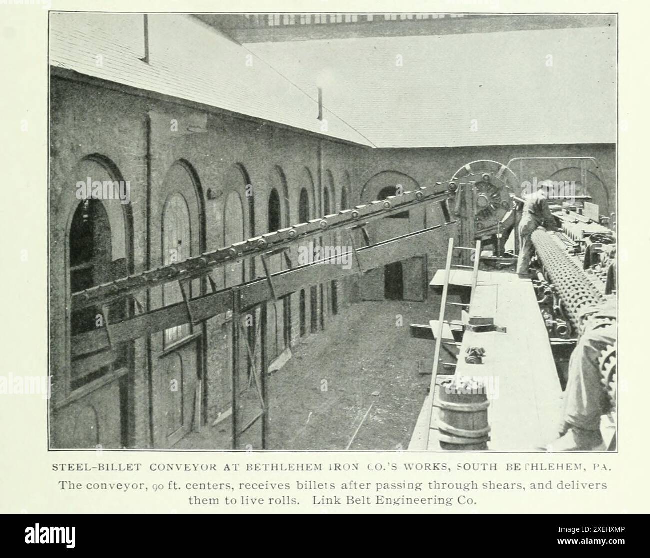 STAHLKNÜPPELFÖRDERER BEI BETHLEHEM IRON CO. ES ARBEITET, SÜDBETHLEHEM. PA. Aus dem Artikel MECHANISCHE TRANSPORTGERÄTE IN DER INGENIEURARBEIT. Von A. J. S. B. Little. Aus dem Engineering Magazine widmet sich Industrial Progress Band XVIII 1899-1900 The Engineering Magazine Co Stockfoto