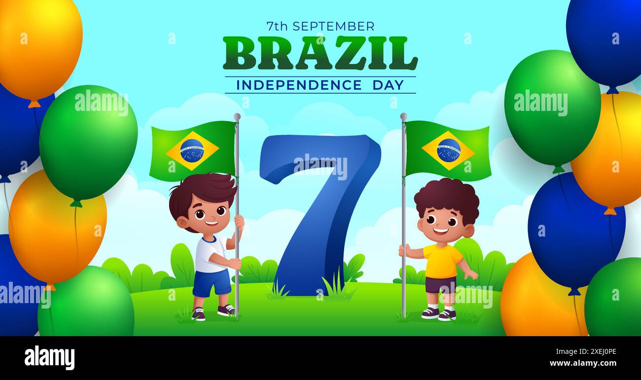 Brasilianischer Unabhängigkeitstag Hintergrund, zwei Kinder mit schwenkender Flagge in tropischer Natur mit Ballons fliegen Übersetzung : Ordnung und Fortschritt Stock Vektor