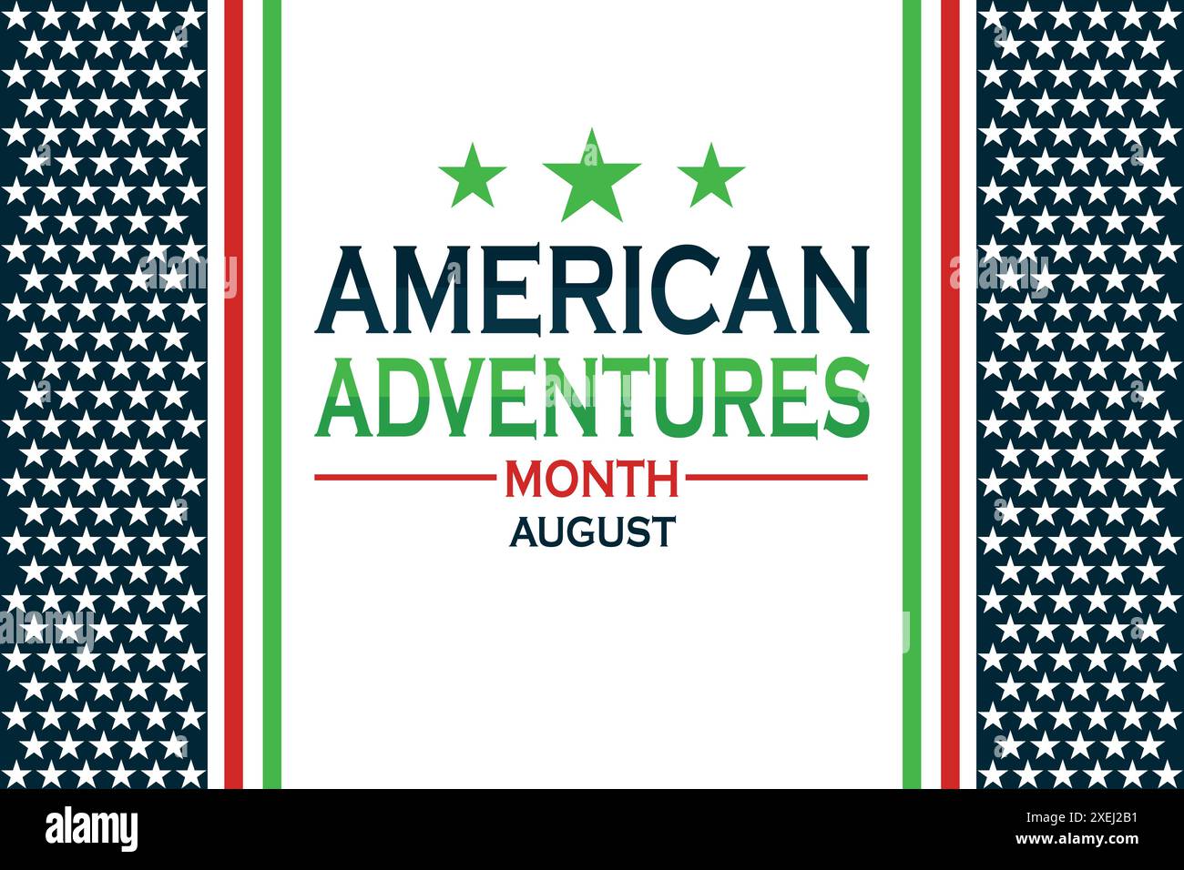 American Adventures Monat August. Urlaubskonzept. Vorlage für Hintergrund, Banner, Karte, Poster mit Textbeschriftung. Vektorabbildung. Stock Vektor