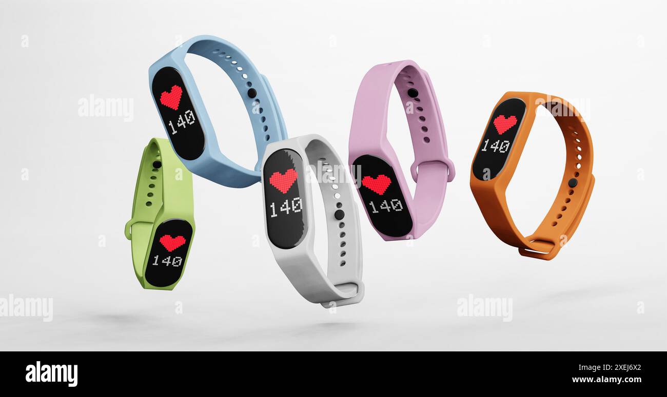 3D-Rendering von Smart Band, Fitnessuhr, Sportarmband oder Fitness Activity Tracker auf isoliertem Hintergrund Stockfoto