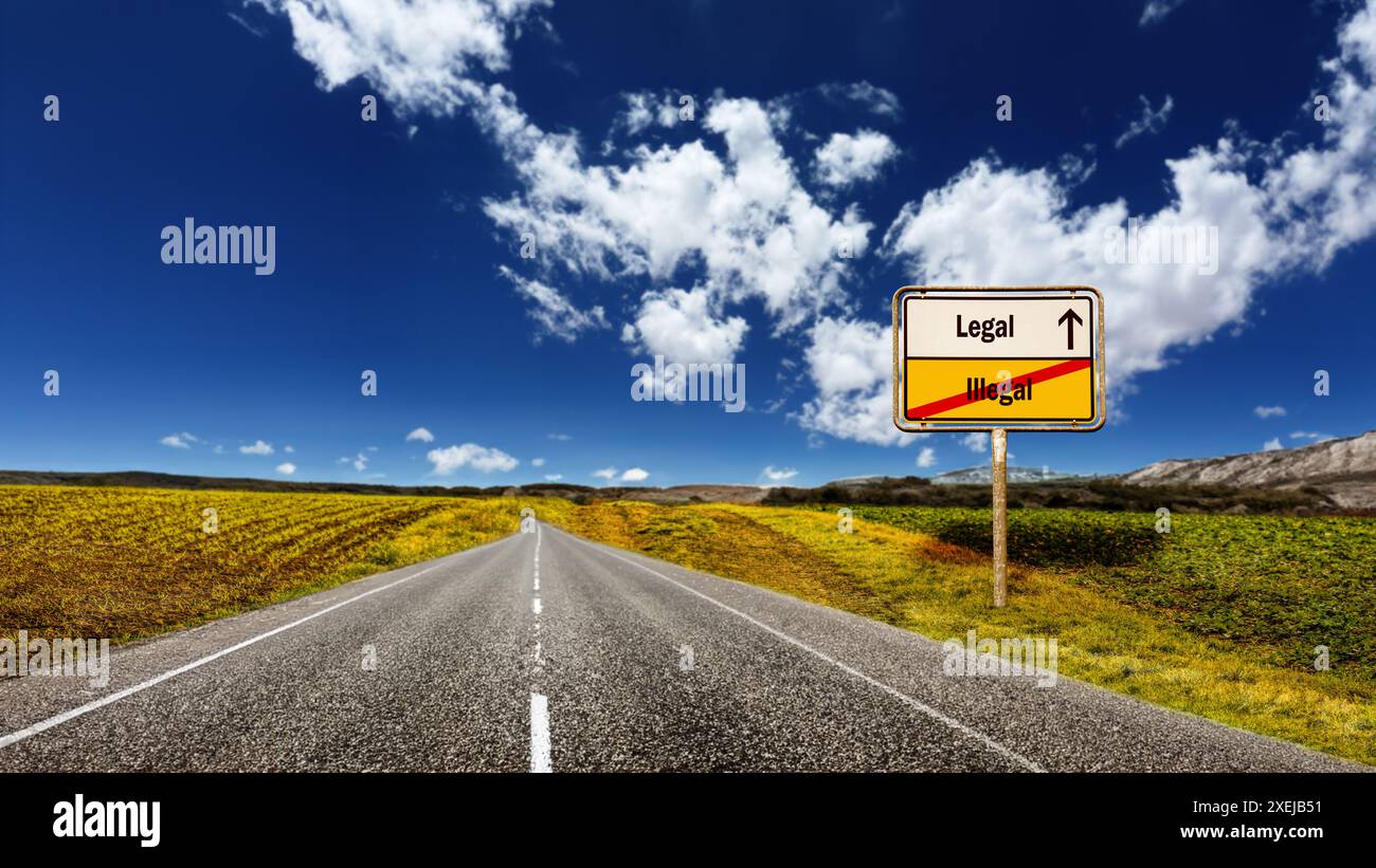 Wegweiser auf direktem Weg zu legal versus illegal Stockfoto