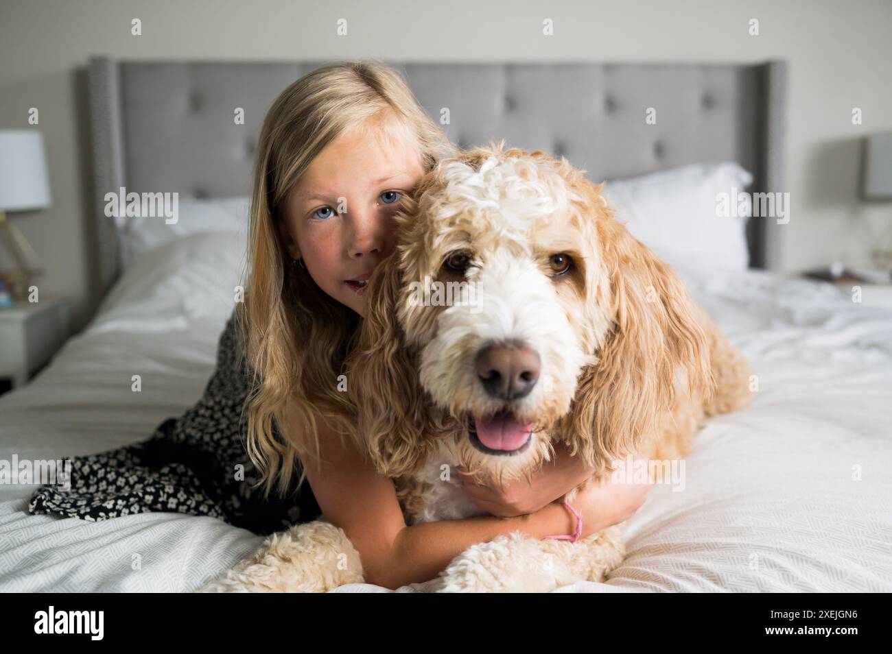 Ein junges Mädchen und ein flauschiger Hund kuscheln sich in einem gemütlichen Bett Stockfoto